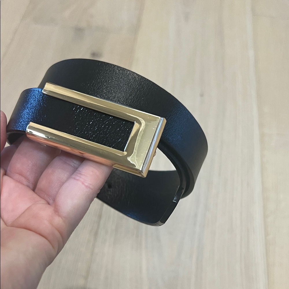 Elegant Black Leather Belt with Gold Buckle